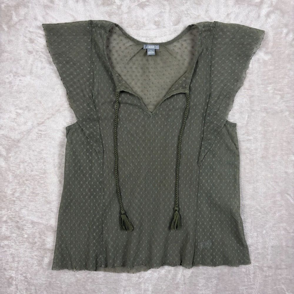 Aerie Mesh Blouse Top XS Olive Green Flutter Sleeve Tassel Whimsigoth Fairy